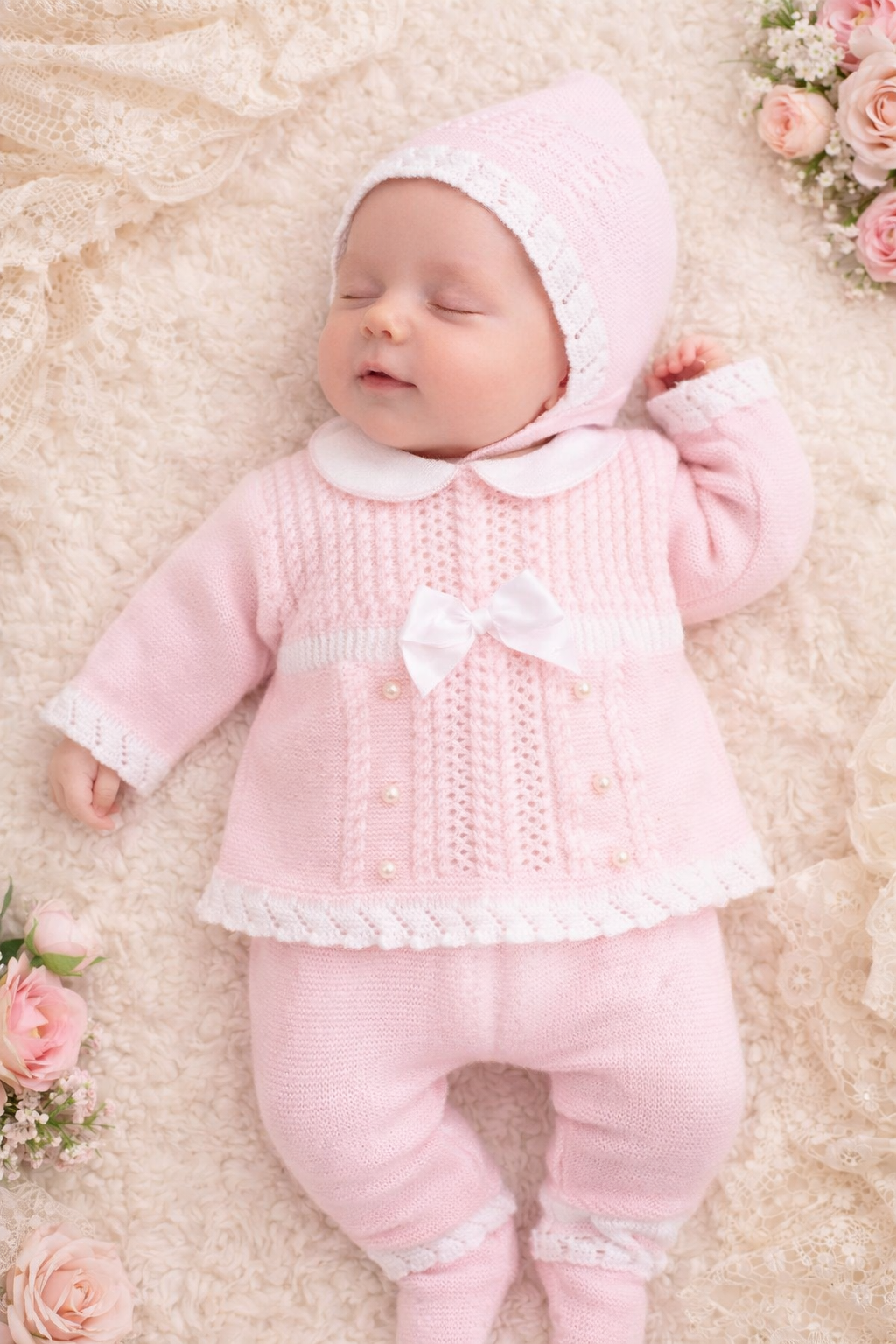 Knitted Pearl Bow Set- Pink