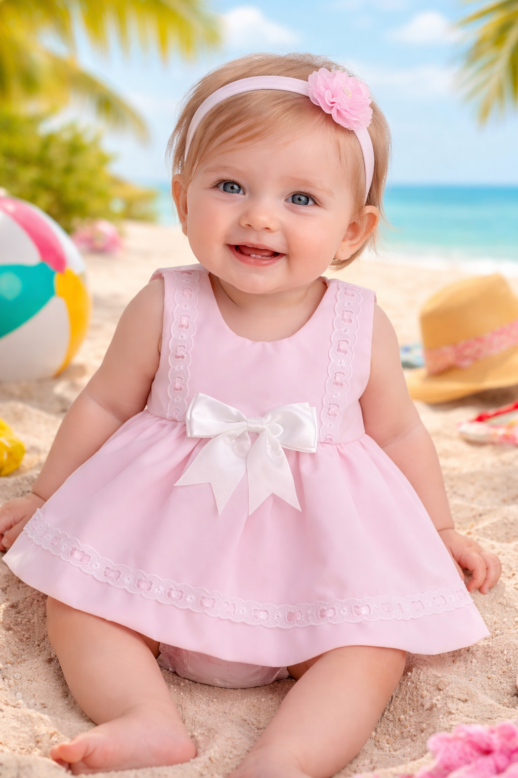 Baby Girls Spanish Dress with bow & Bloomers - PINK