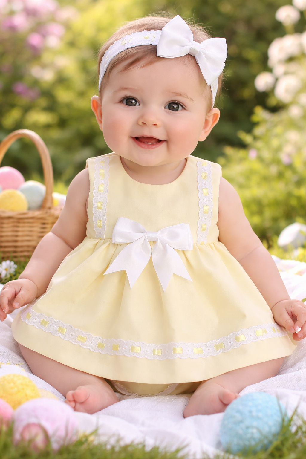 Baby Girls Spanish Dress with bow & Bloomers - LEMON