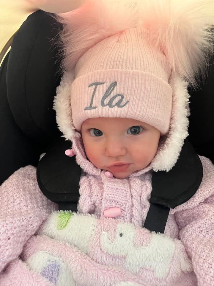 Pink kids personalised 1-4 years Double Pom hat