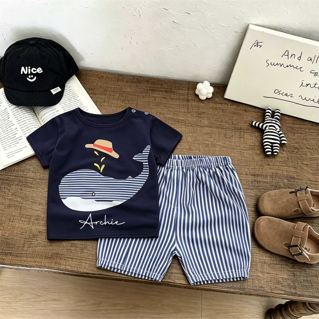 Whale design kids personalised Summer Shorts & Top Set