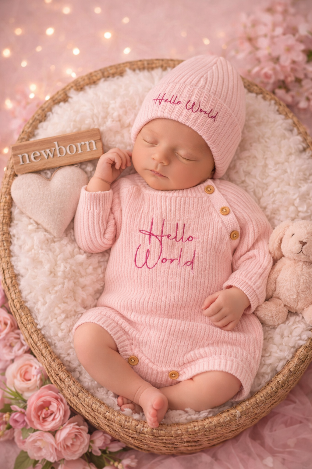 Hello World Knitted Onesie & Hat set - Pink & Blue