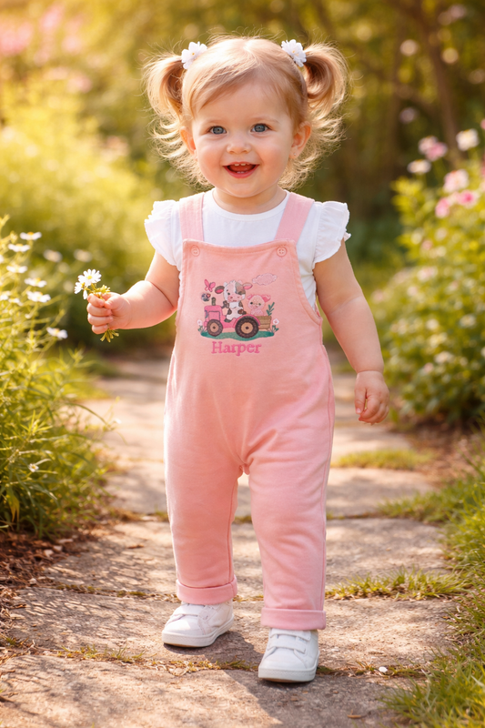 Personalised dungaree set with Farmyard Girl design - various colours
