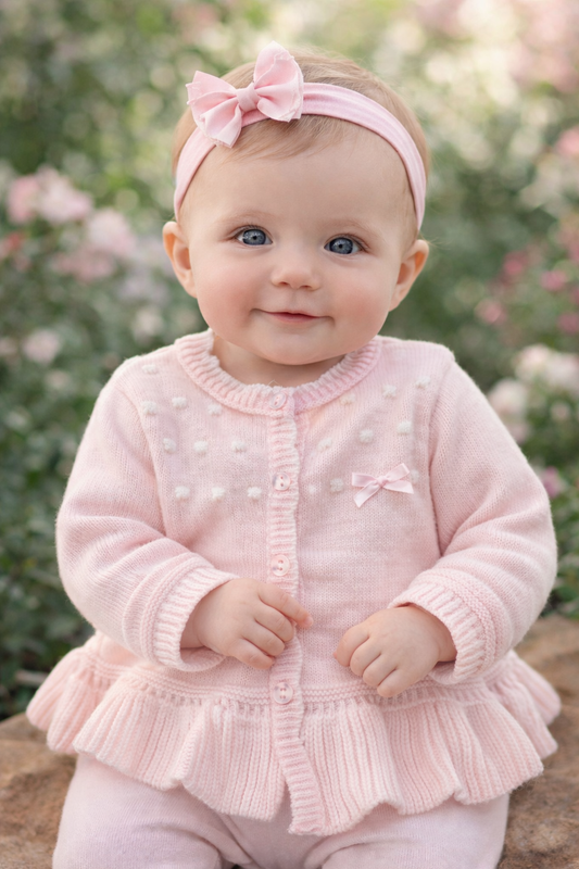 Button up Girls Cardigan  with white details and pink bow