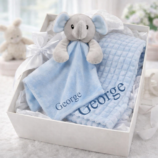 Personalised Blue Blanket & Elephant Comforter baby Gift Set