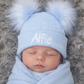 Blue baby personalised Double Pom hat - First Size