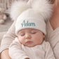 White baby personalised Double Pom hat - First Size