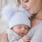 Blue baby personalised Double Pom hat - First Size