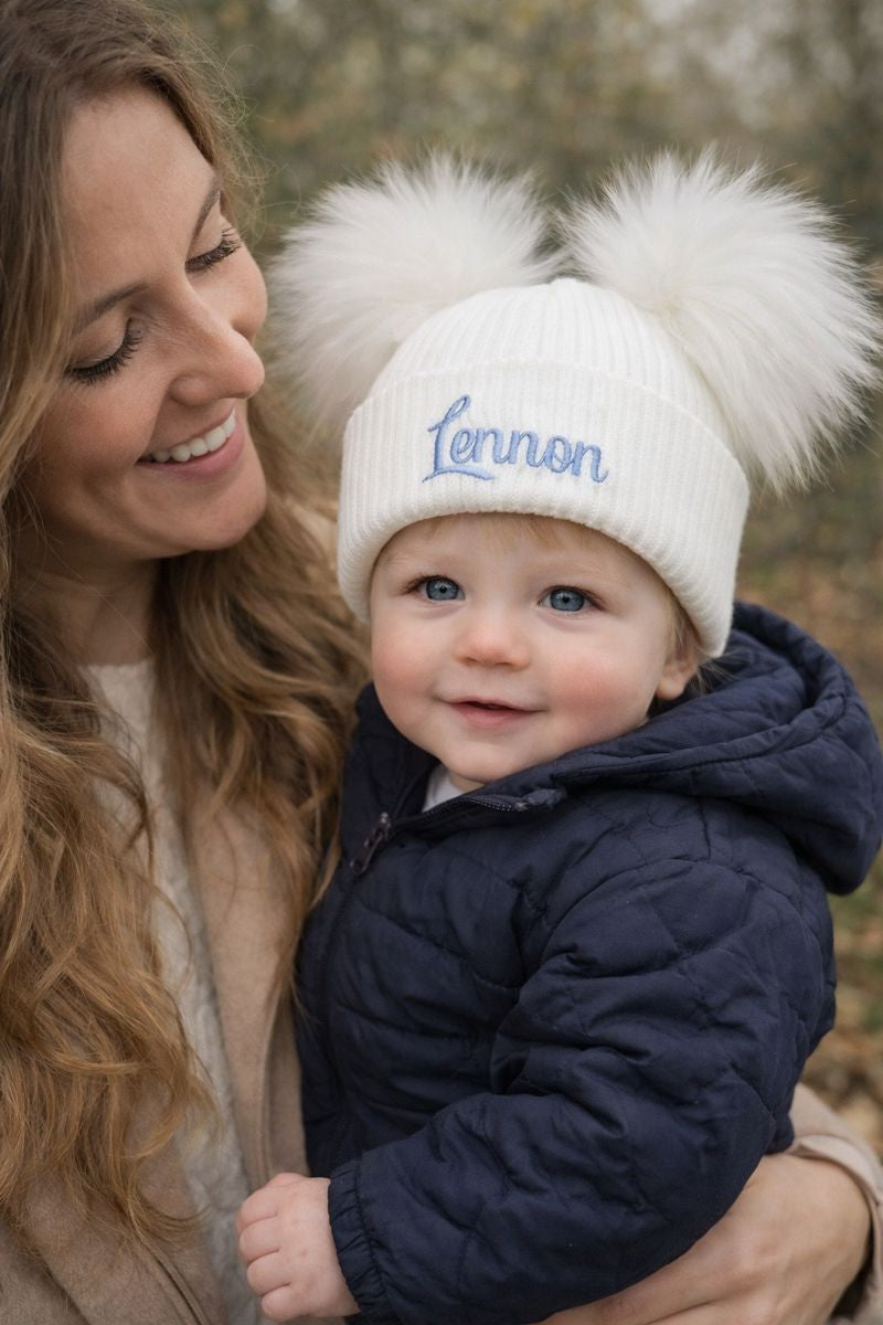 White kids personalised 3+ Month Double Pom hat