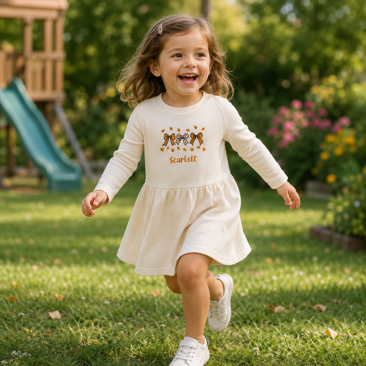 Autumn Bows Embroidered personalised kids sweater dress