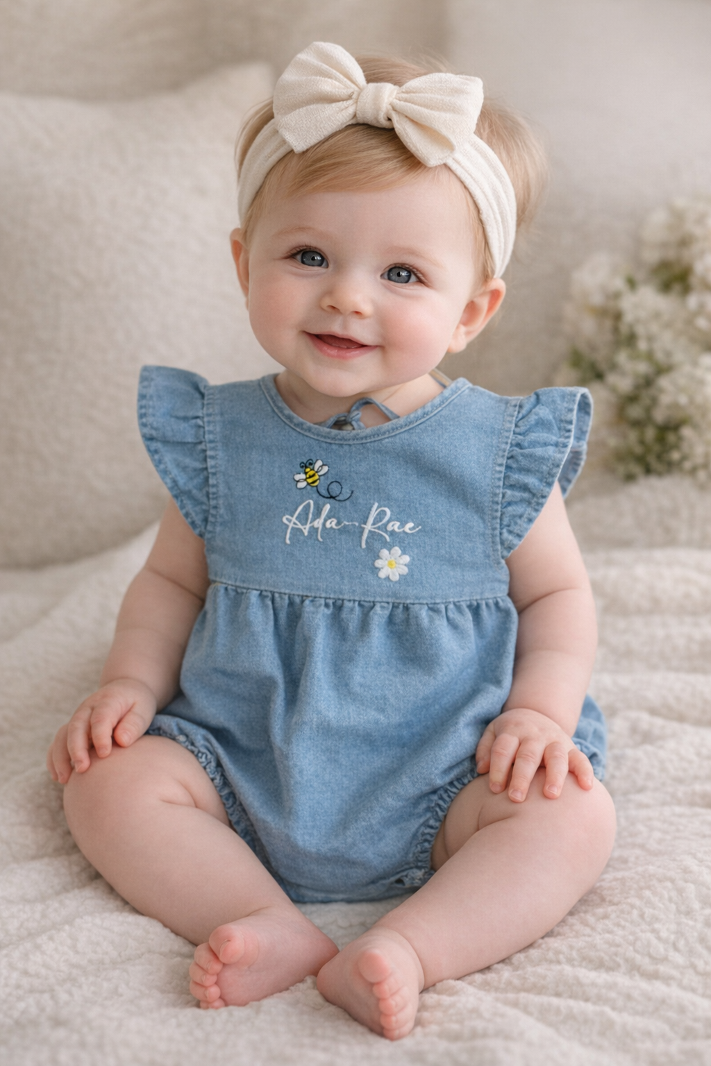 Denim summer personalised romper Bee & Daisy