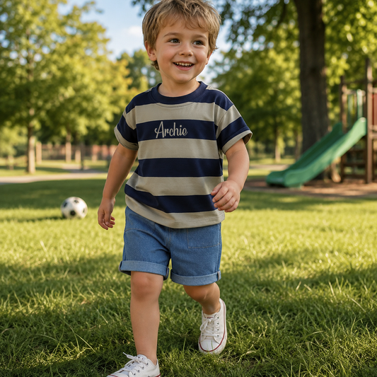 Navy Stripe & denim personalised kids summer T-shirt & Short Set