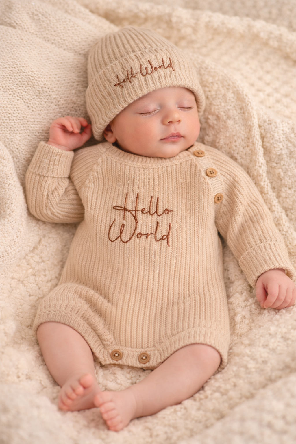 Hello World Knitted Onesie & Hat set - White & Taupe