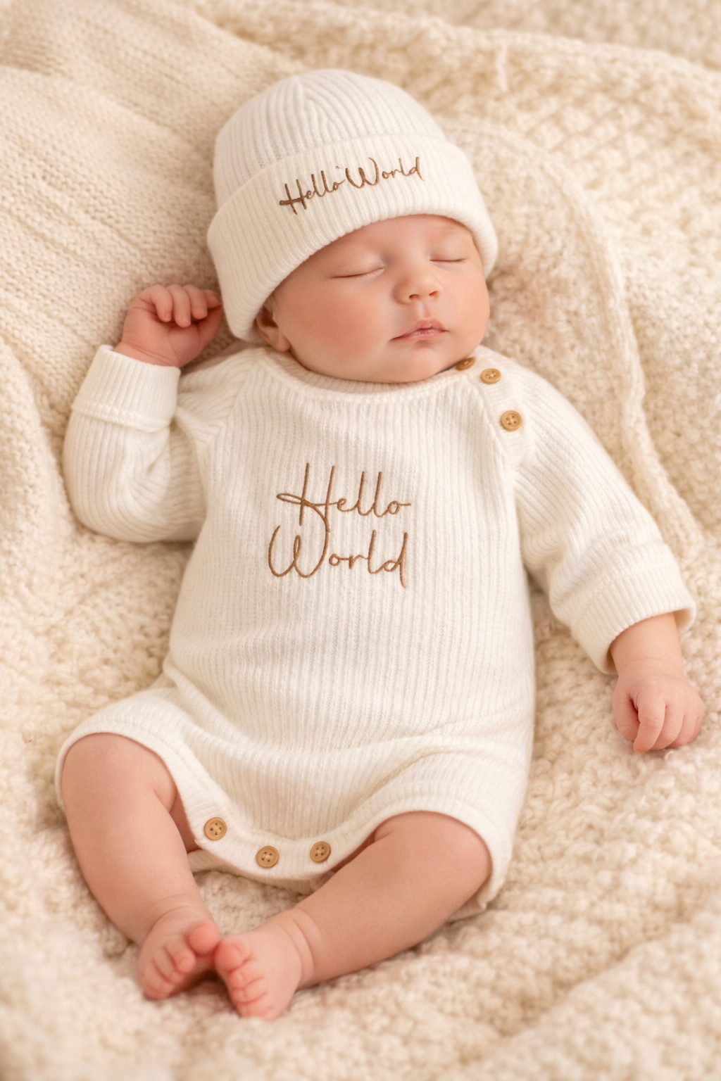 Hello World Knitted Onesie & Hat set - White & Taupe