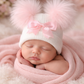 Baby personalised Double Pom hat With Bow - First Size