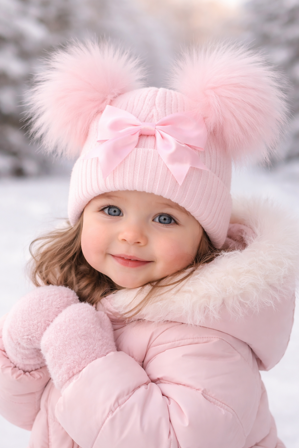 Baby personalised Double Pom hat With Bow - First Size