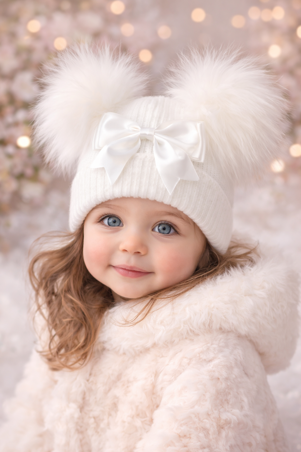 Baby personalised Double Pom hat With Bow - First Size
