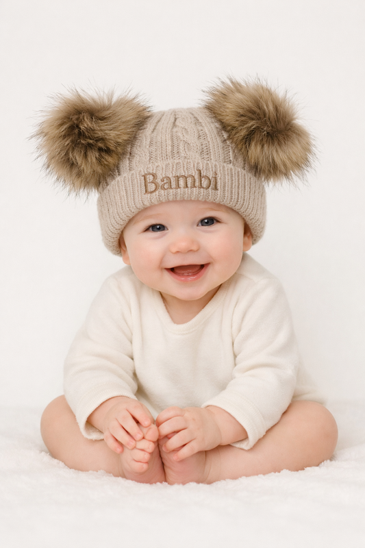 Cable knit personalised double pom hat - various colours