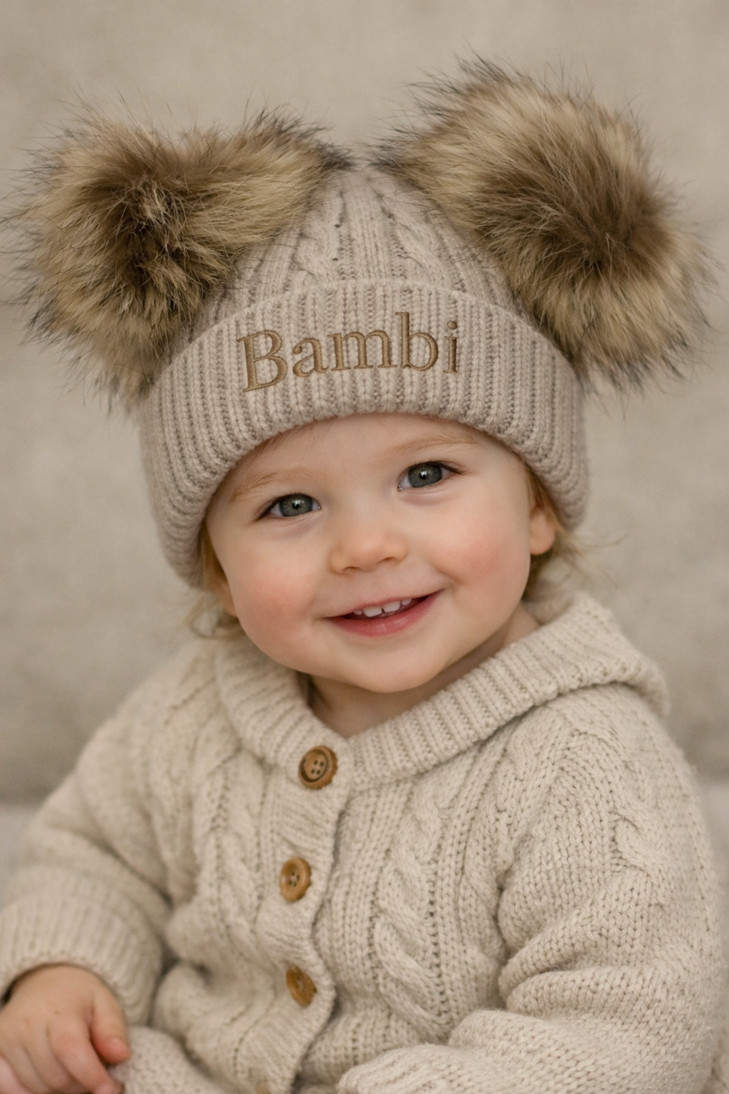 Cable knit personalised double pom hat - various colours