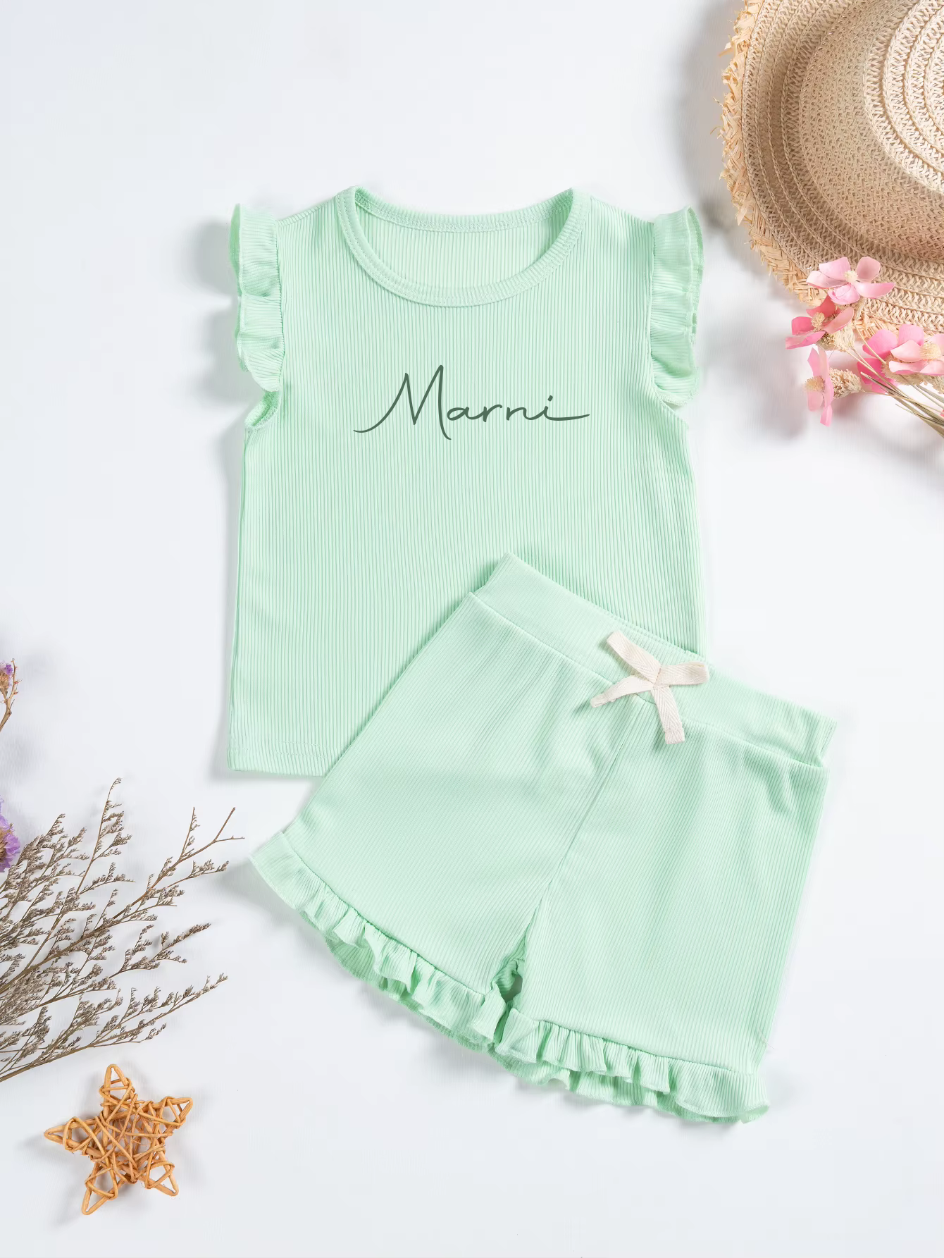 Kids Ribbed Personalised Embroidered Name Frill Sleeve Set