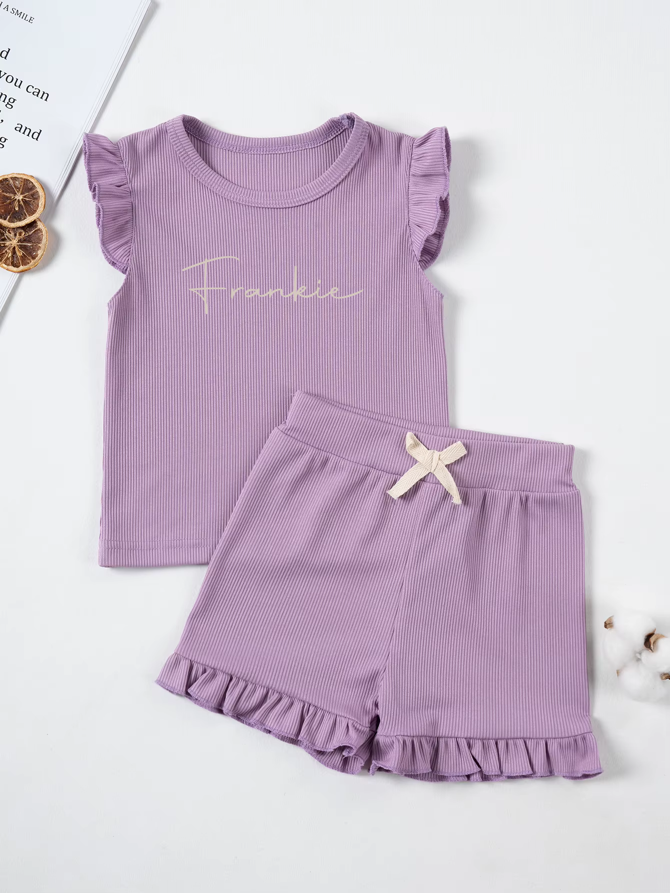 Kids Ribbed Personalised Embroidered Name Frill Sleeve Set