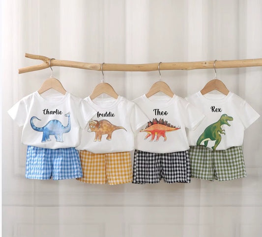 Gingham Personalised Dinosaur Short & T-Shirt Set