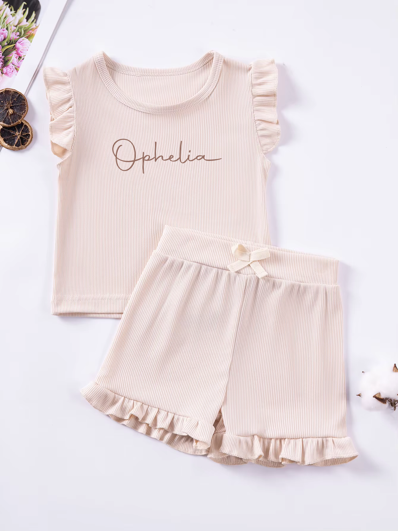 Kids Ribbed Personalised Embroidered Name Frill Sleeve Set