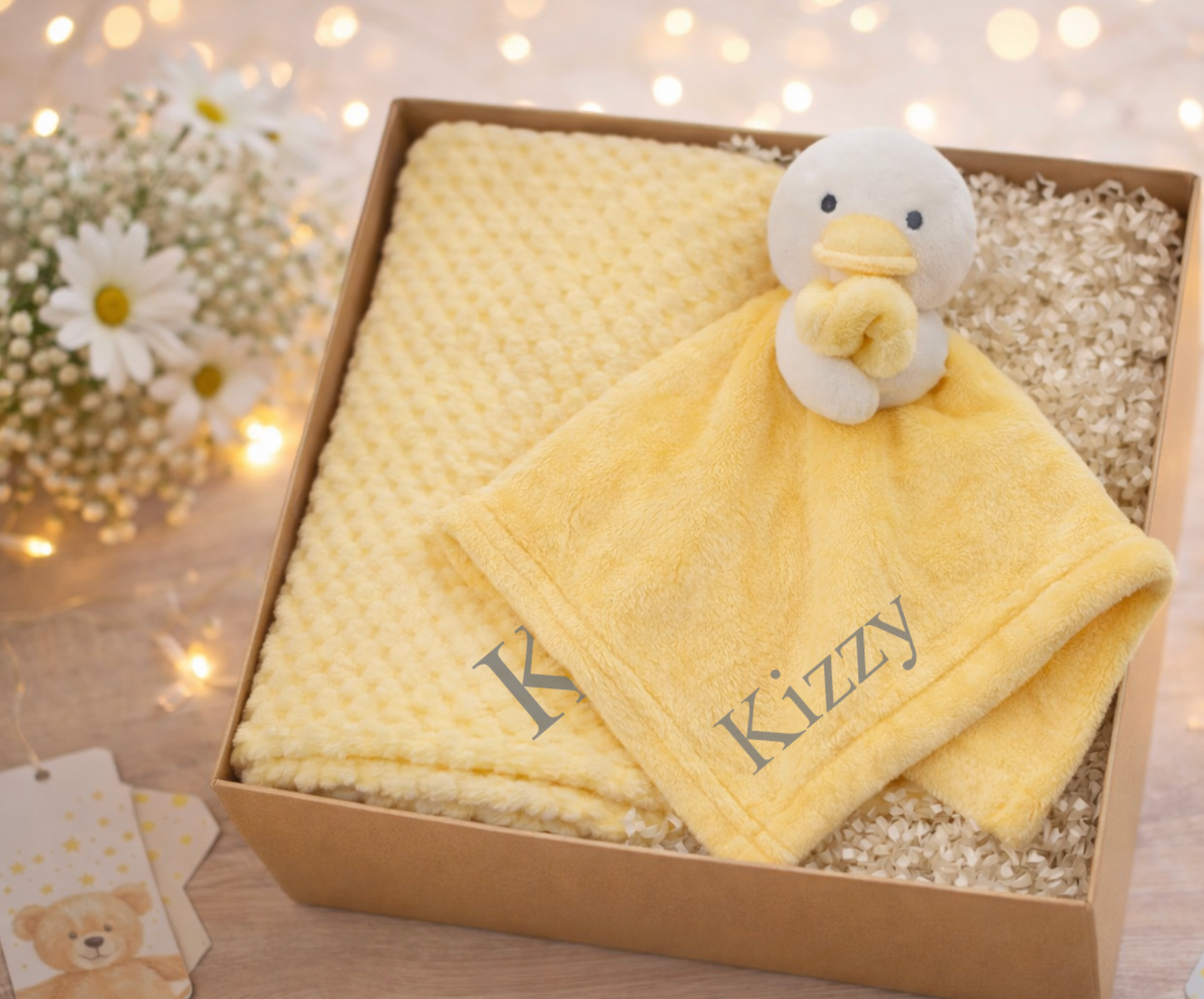 Duck Comforter & yellow personalised Blanket baby Gift Set