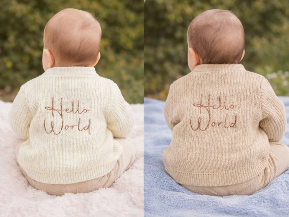 Button up Cardigan With Hello World - Taupe & White