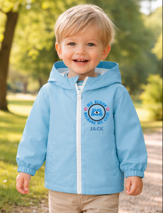 Baby/Toddler personalised Rain coat Blue We scare Design