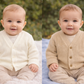 Button up Cardigan With Hello World - Taupe & White
