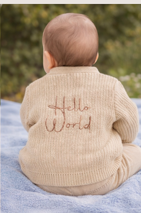 Button up Cardigan With Hello World - Taupe & White