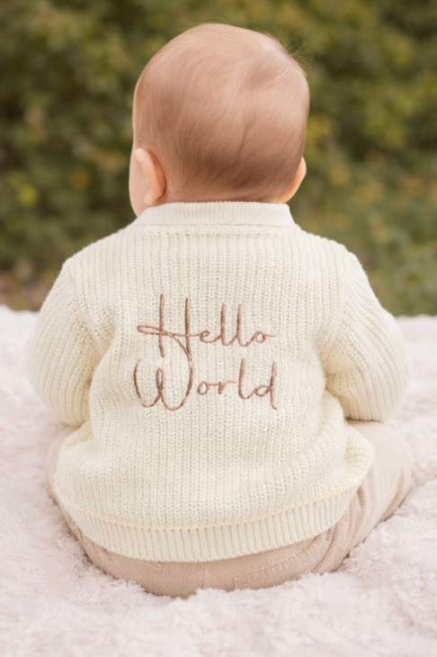 Button up Cardigan With Hello World - Taupe & White