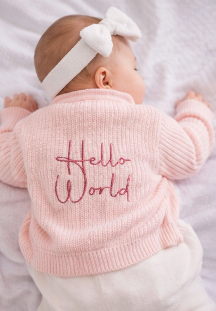 Button up Cardigan With Hello World - Pink & Blue