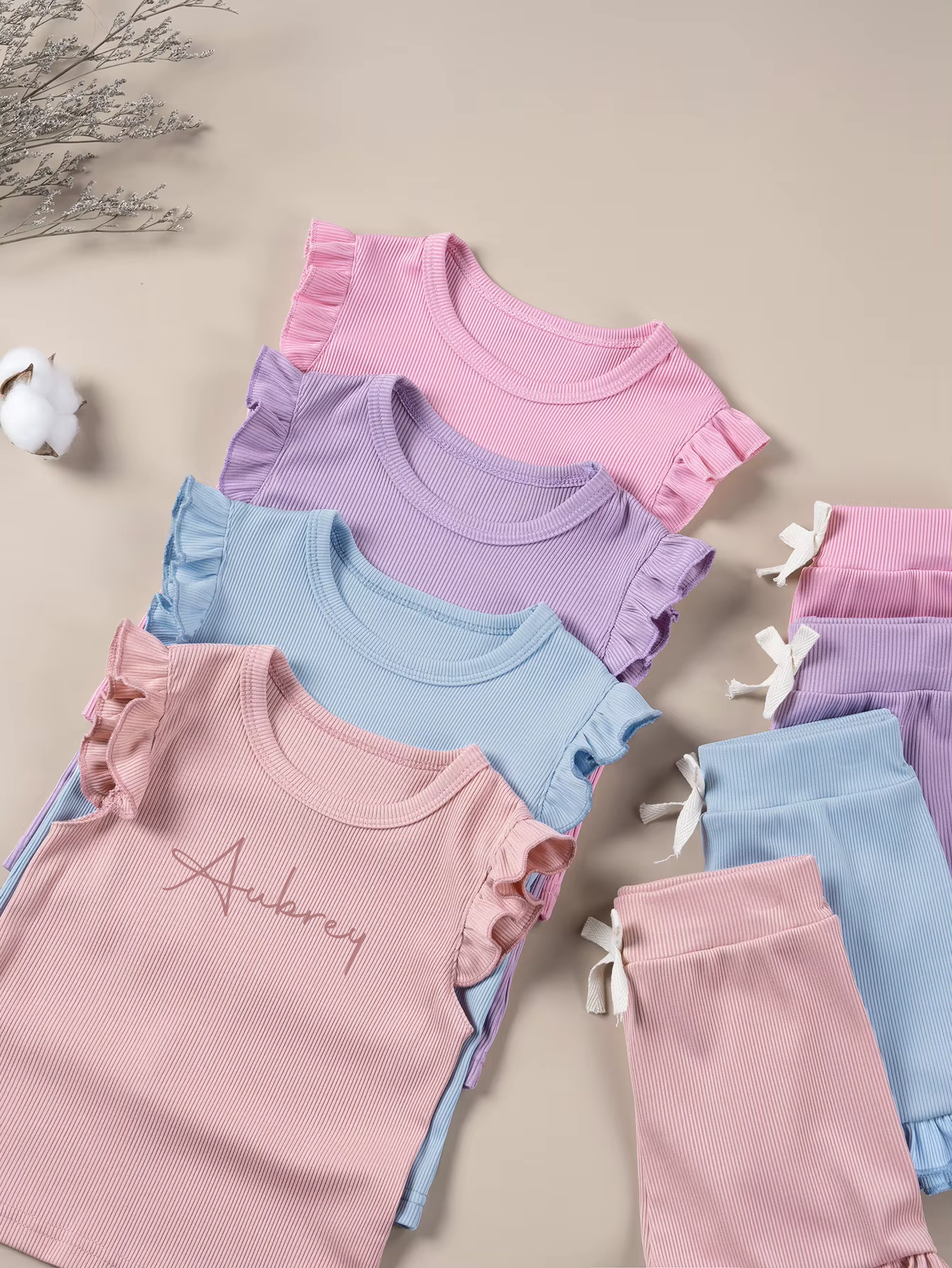 Kids Ribbed Personalised Embroidered Name Frill Sleeve Set