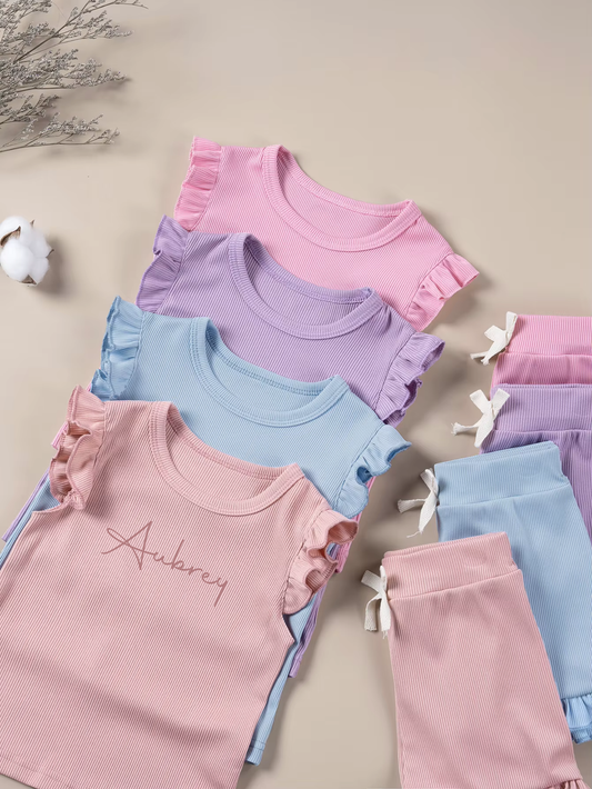 Kids Ribbed Personalised Embroidered Name Frill Sleeve Set