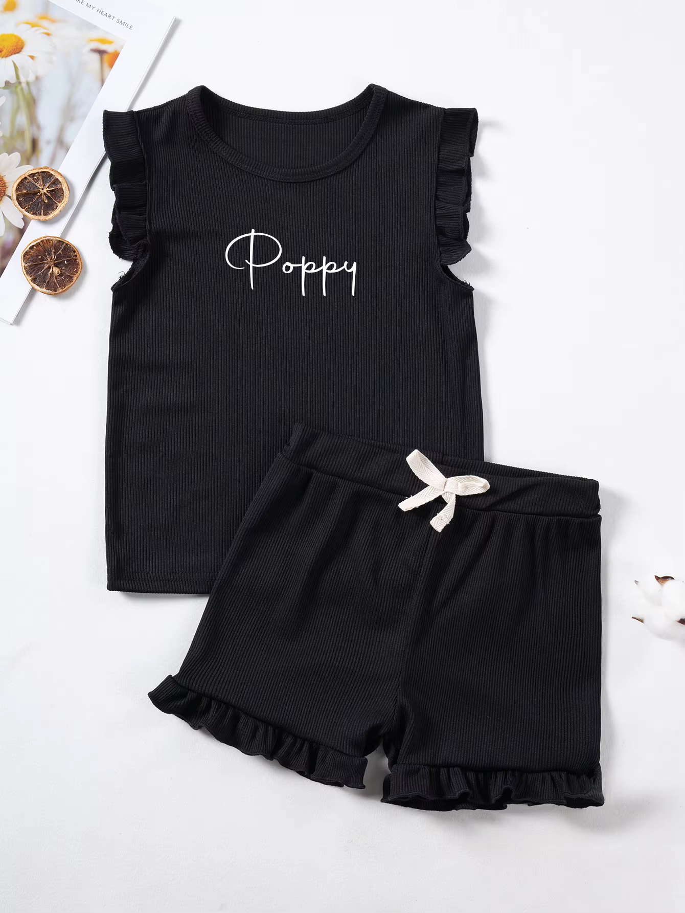 Kids Ribbed Personalised Embroidered Name Frill Sleeve Set