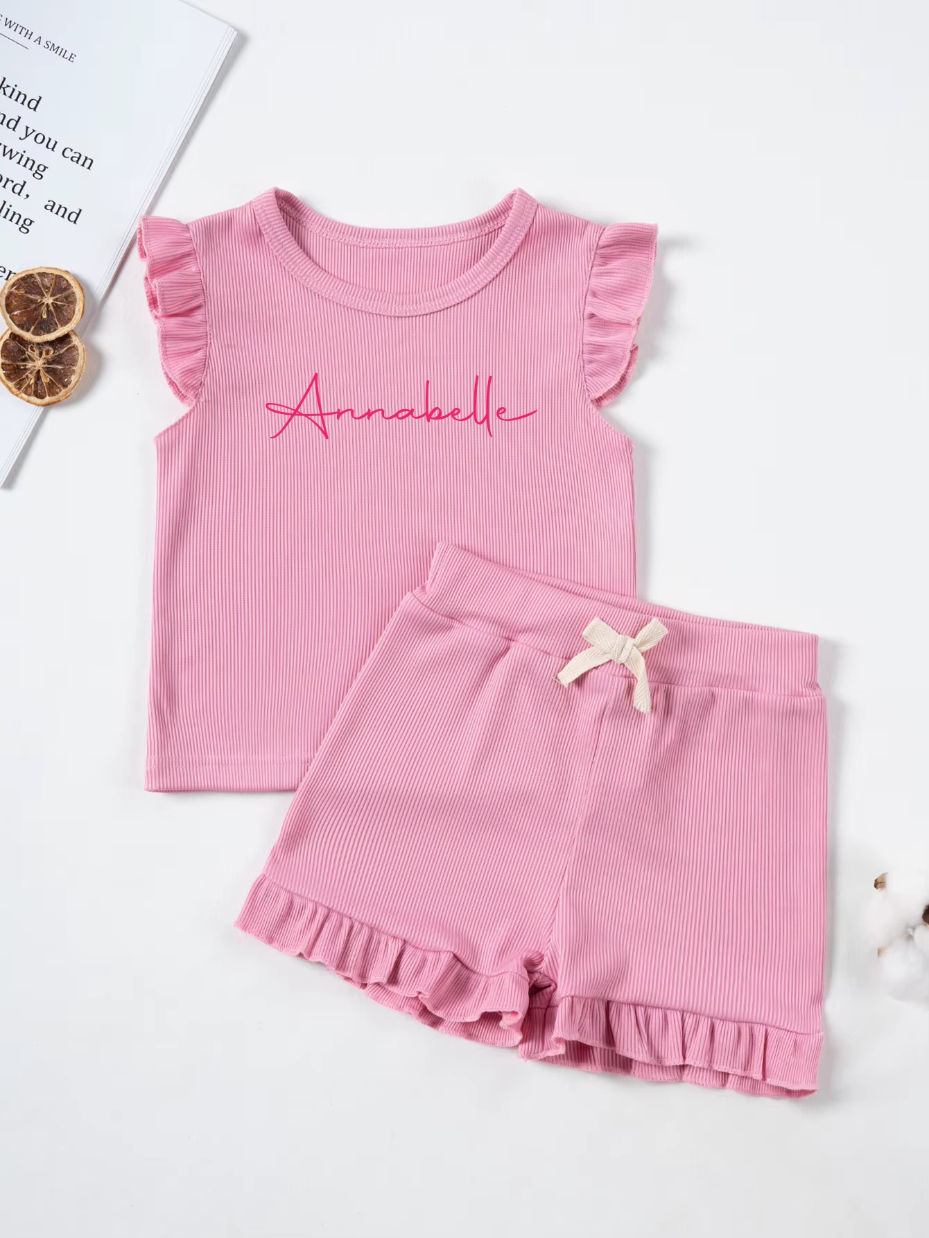 Kids Ribbed Personalised Embroidered Name Frill Sleeve Set