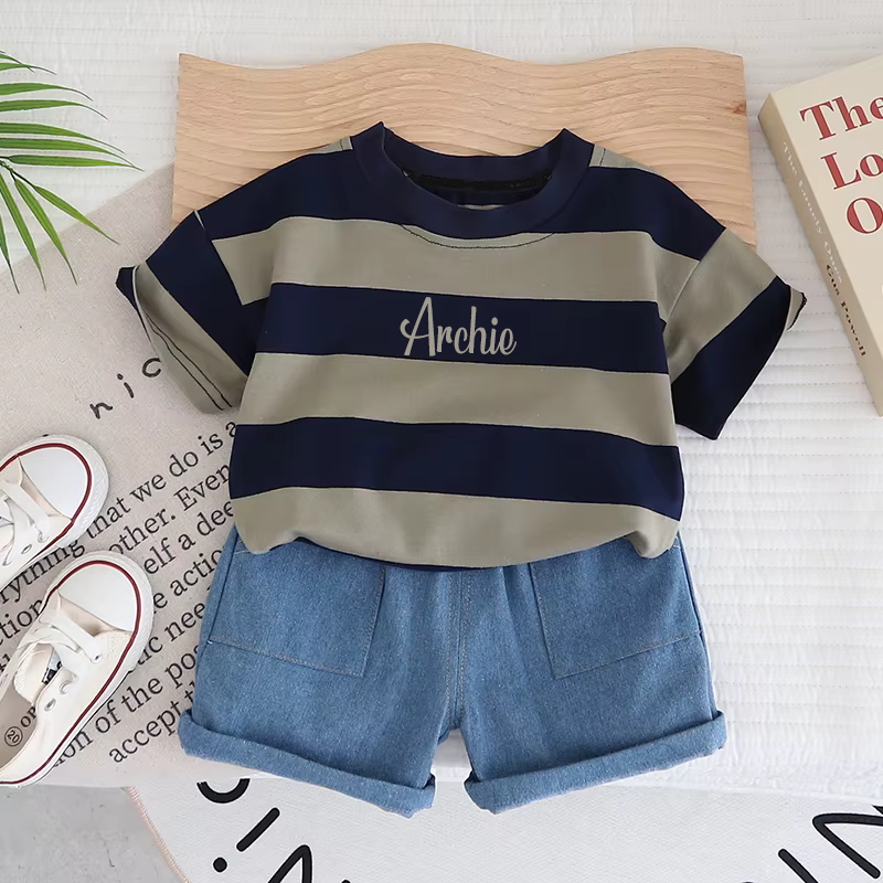 Navy Stripe & denim personalised kids summer T-shirt & Short Set