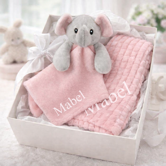 Personalised Pink Blanket & Elephant Comforter baby Gift Set