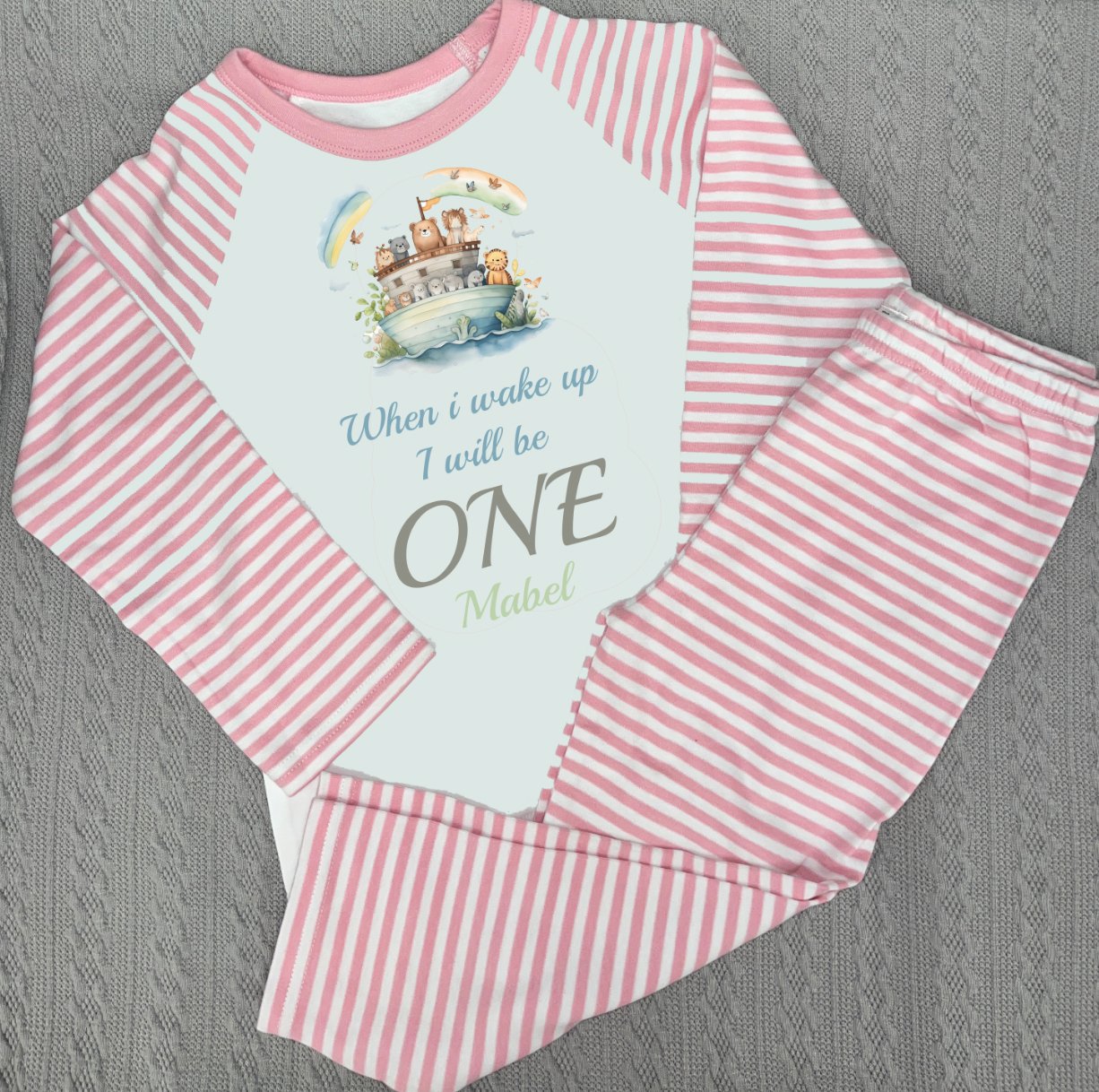 Arc When I Wake Up Personalised pink stripe Birthday Pyjamas Pjs