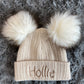 Beige 3-12 Month kids personalised Double Pom hat