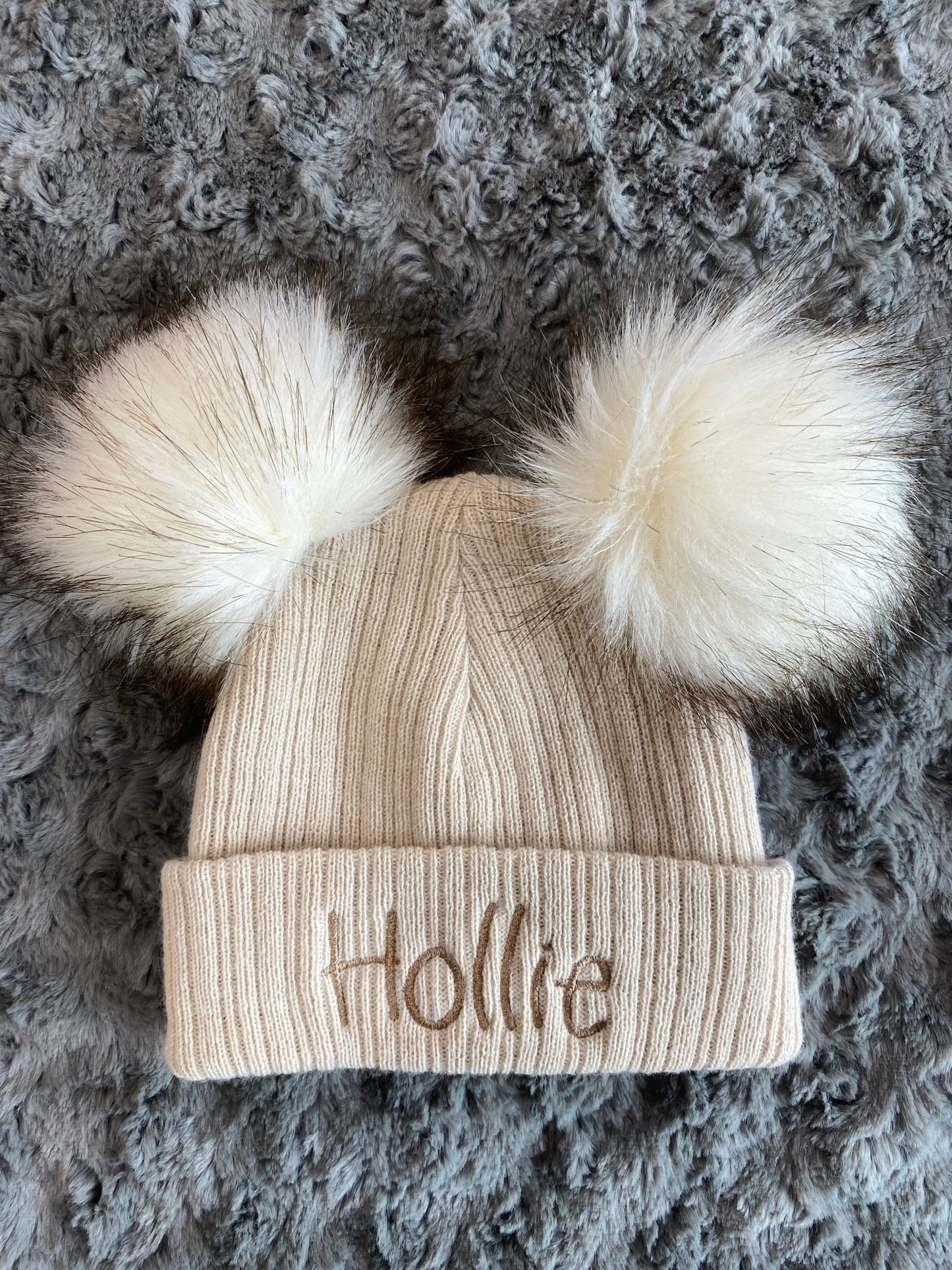 Beige 3-12 Month kids personalised Double Pom hat