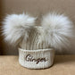 Beige baby personalised Double Pom hat - First Size