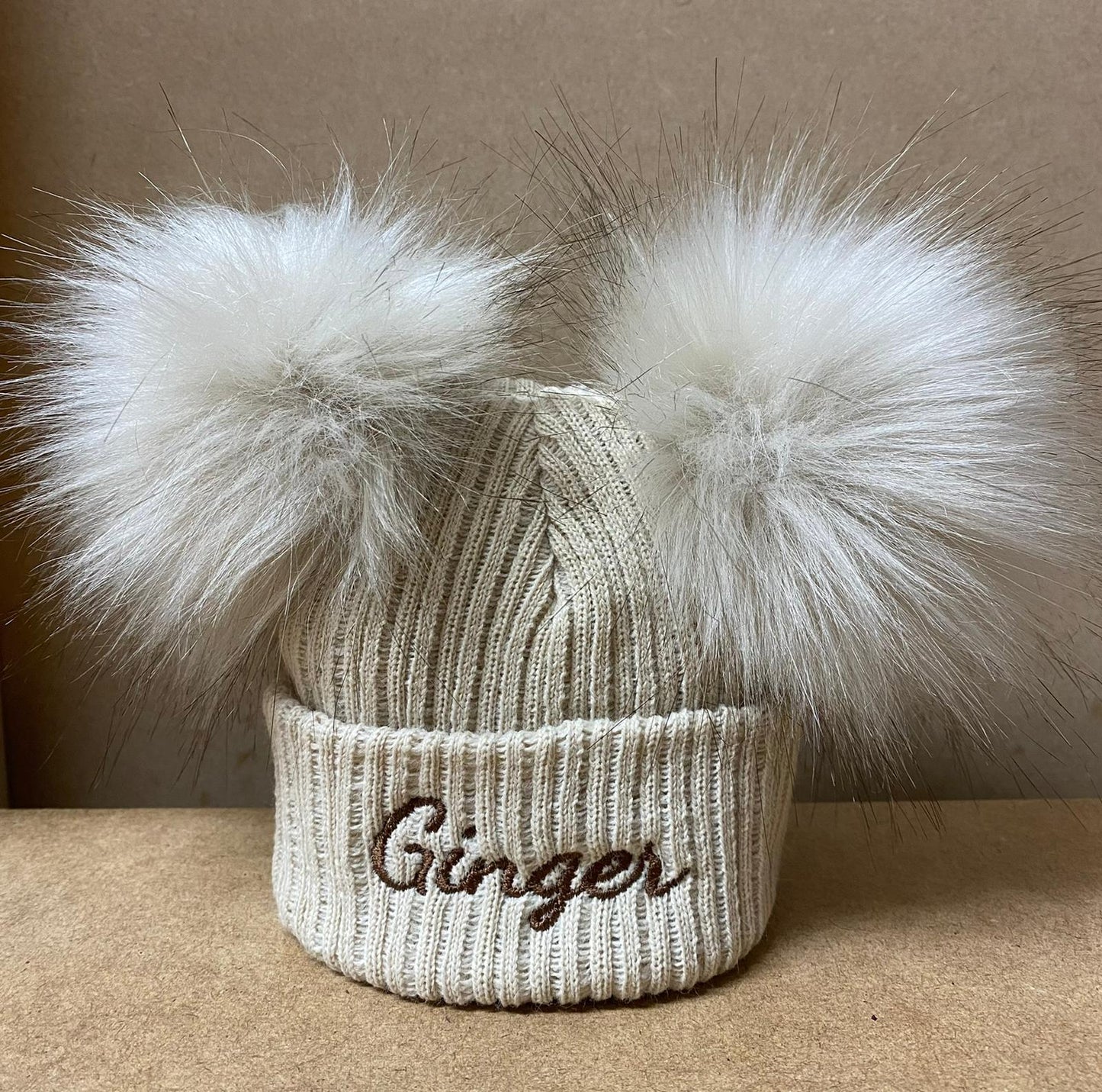 Beige baby personalised Double Pom hat - First Size