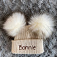 Beige baby personalised Double Pom hat - First Size