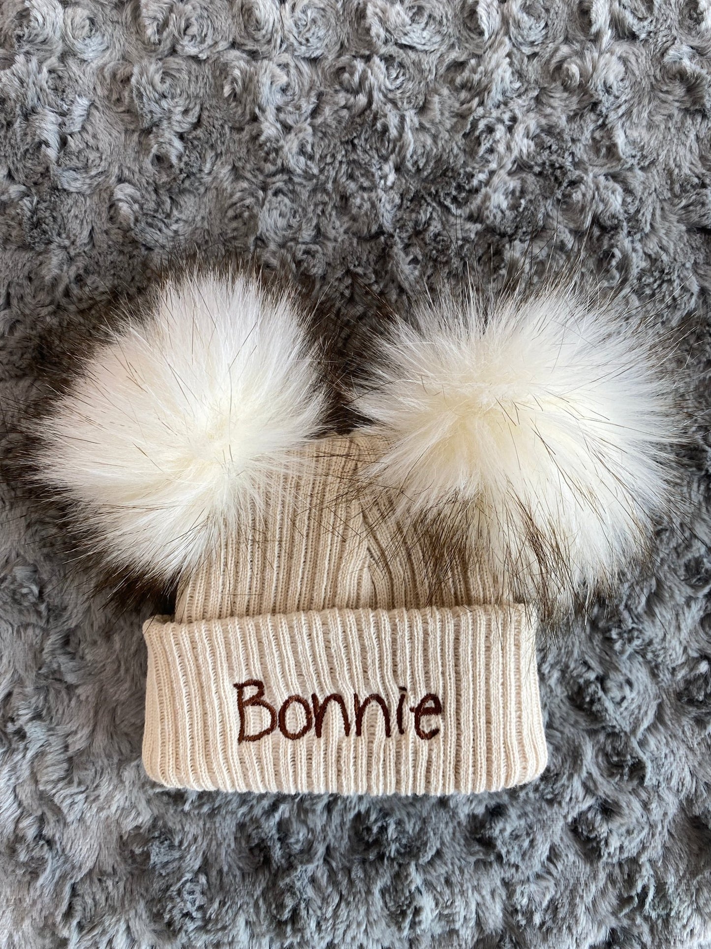 Beige baby personalised Double Pom hat - First Size