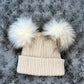 Beige baby personalised Double Pom hat - First Size