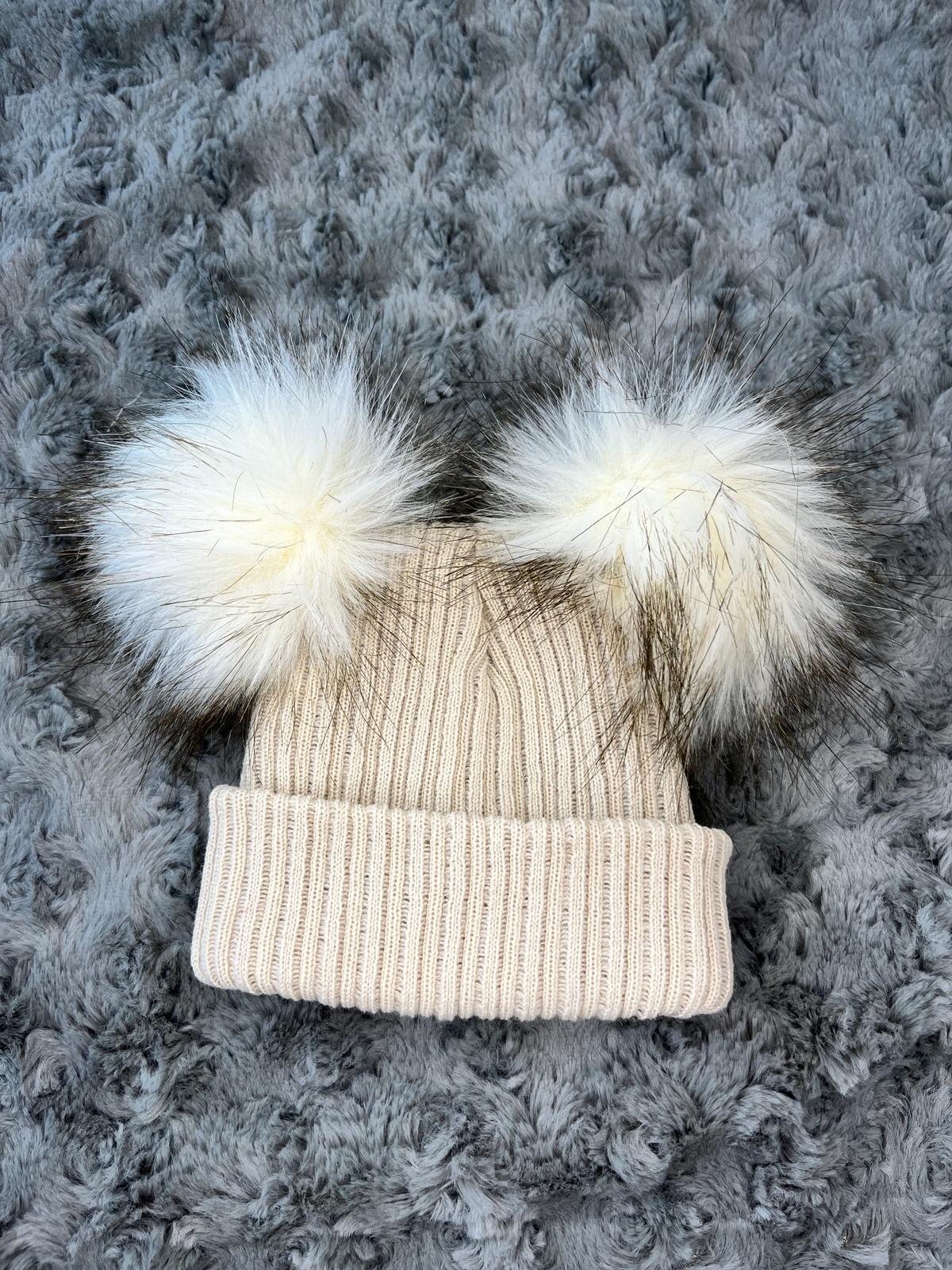 Beige baby personalised Double Pom hat - First Size