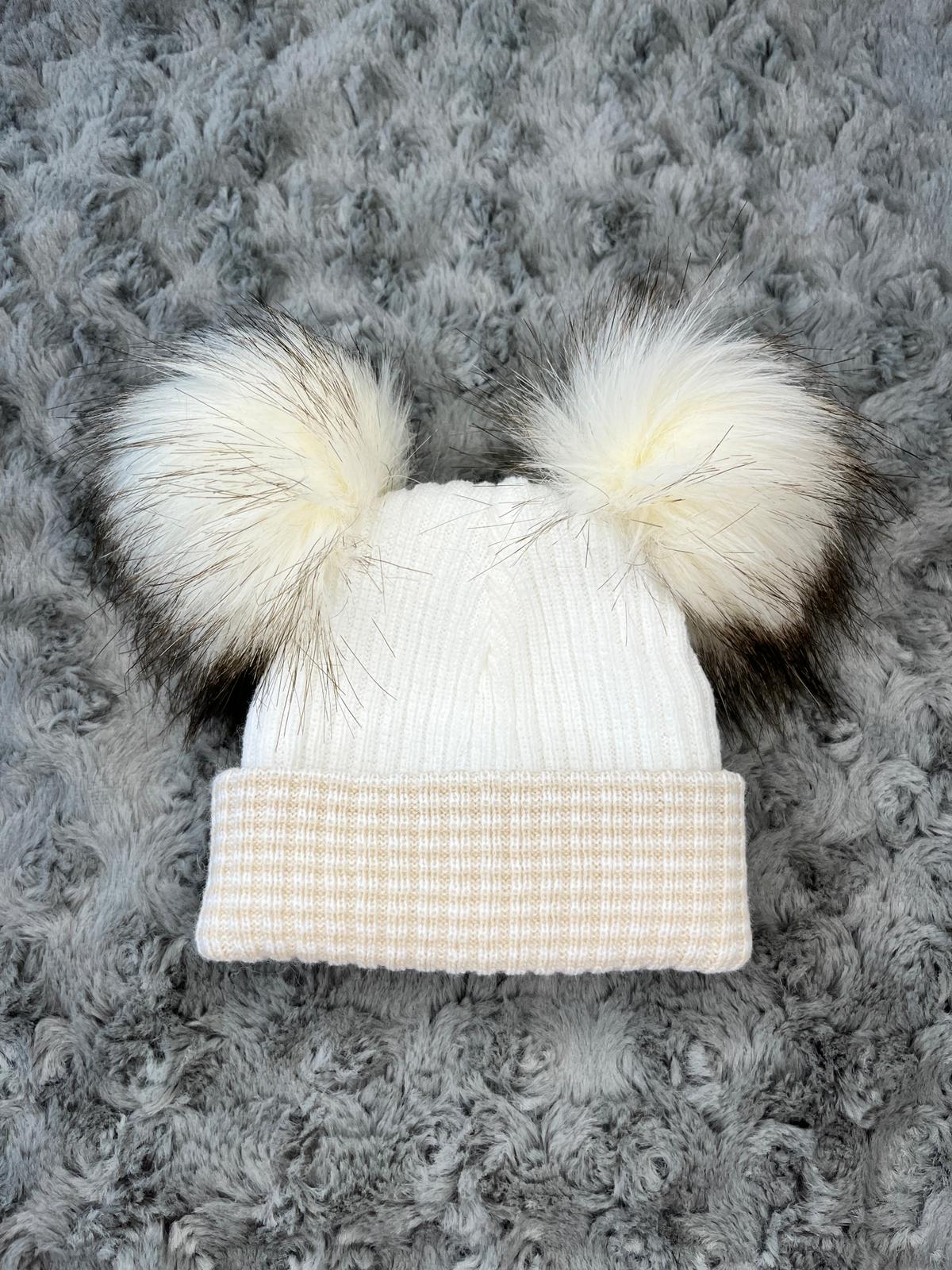Beige & White kids personalised Double Pom hat - First Size